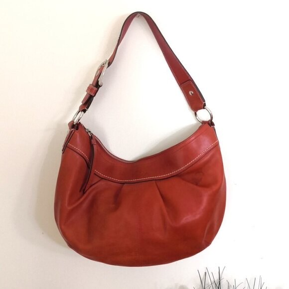 Coach Red Orange Vintage Pleated Leather Hobo Bag F13731 - Picture 2 of 11